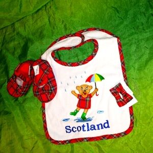 Red Tartan Plaid Infant Bib Shoe Hair clip Scotland Set 6 months+